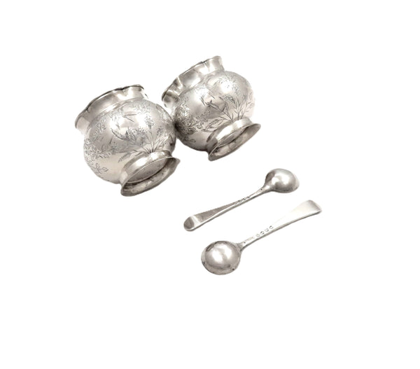 Pair of Antique Victorian Sterling Silver 'Bird' Salts & Spoons in Case 1884