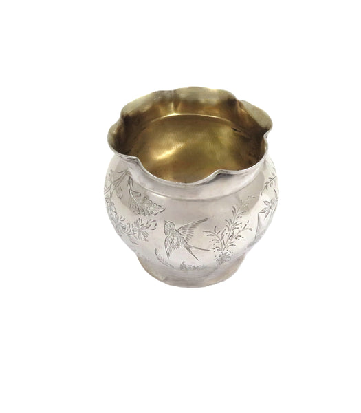 Pair of Antique Victorian Sterling Silver 'Bird' Salts & Spoons in Case 1884