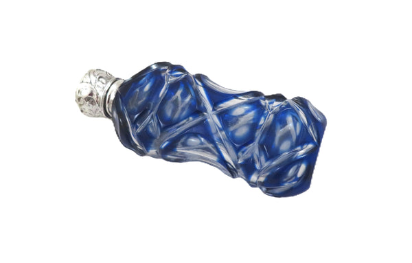 Antique Victorian Silver & Blue Overlay Cut Glass Scent / Perfume Bottle