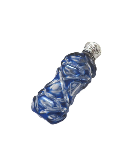 Antique Victorian Silver & Blue Overlay Cut Glass Scent / Perfume Bottle