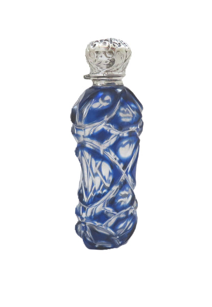 Antique Victorian Silver & Blue Overlay Cut Glass Scent / Perfume Bottle