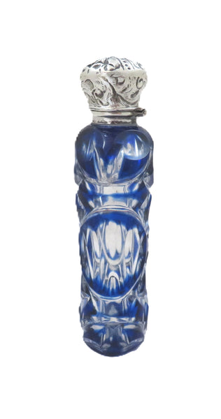 Antique Victorian Silver & Blue Overlay Cut Glass Scent / Perfume Bottle