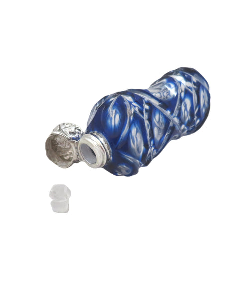 Antique Victorian Silver & Blue Overlay Cut Glass Scent / Perfume Bottle