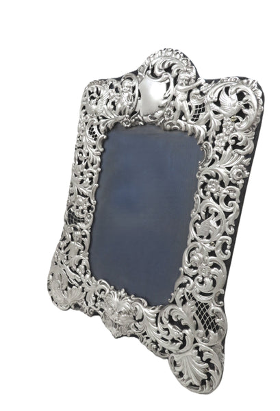 Antique Victorian Sterling Silver 9" Photo Frame 1894 - Owls, Dogs, Cherubs
