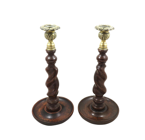 Pair of Antique Oak Barley Twist Candlesticks with Thistle Tops c1900