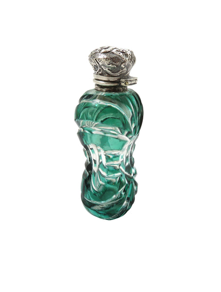 Antique Victorian Silver & Green Overlay Cut Glass Scent / Perfume Bottle c1890