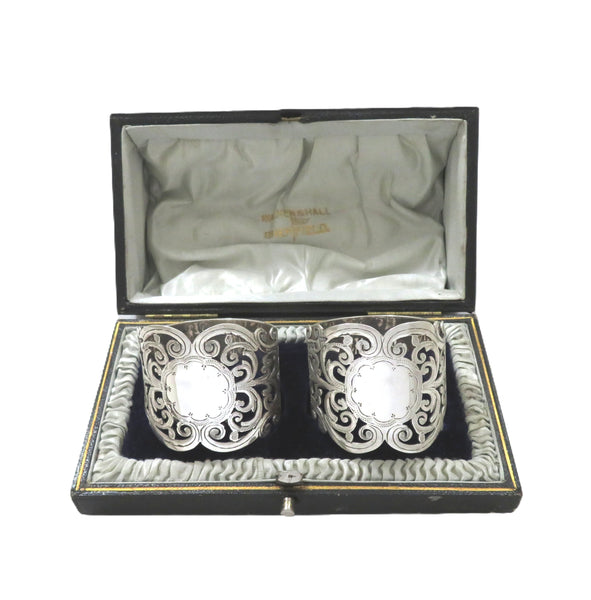 Pair of Antique Edwardian Sterling Silver Pierced Napkin Rings in Case 1909