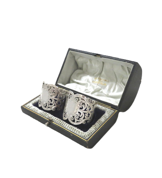 Pair of Antique Edwardian Sterling Silver Pierced Napkin Rings in Case 1909