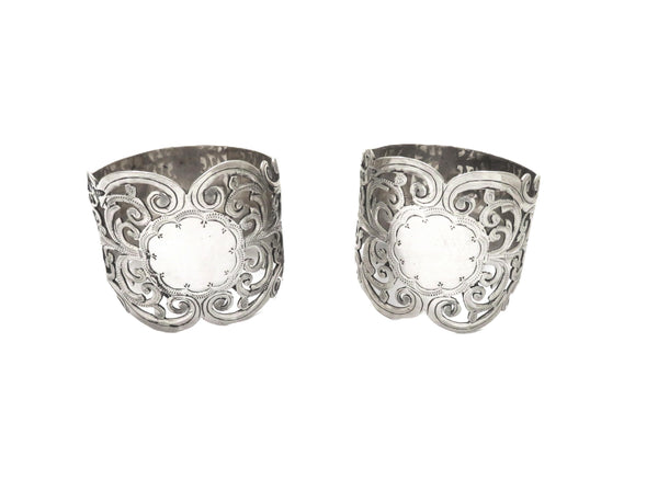 Pair of Antique Edwardian Sterling Silver Pierced Napkin Rings in Case 1909