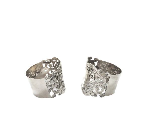 Pair of Antique Edwardian Sterling Silver Pierced Napkin Rings in Case 1909