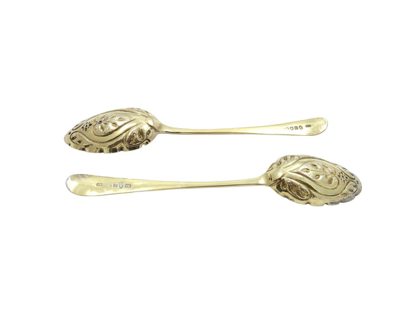 Pair of Antique Georgian Sterling Silver Berry Spoons in Case 1790/98