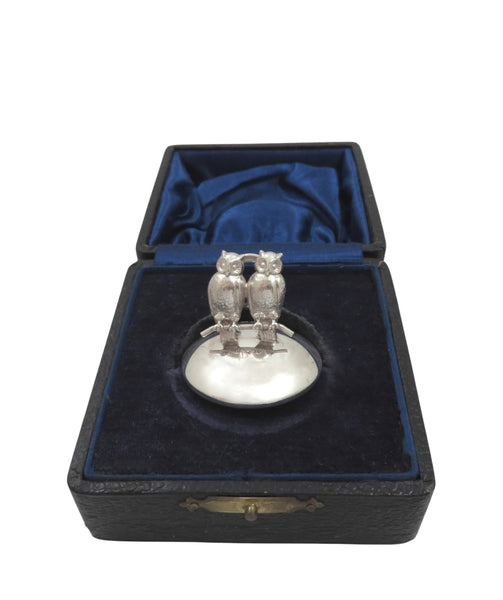 Antique George V Sterling Silver 'Owl' Menu Holder in Case 1935