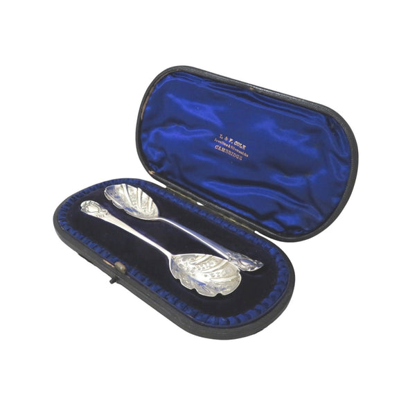 Pair of Antique Victorian Sterling Silver Jam / Preserve Spoons in Case 1900