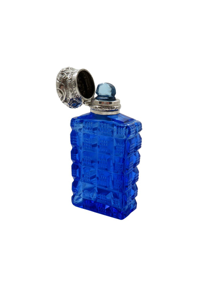 Antique Silver & Blue Cut Glass Scent / Perfume Bottle c1900