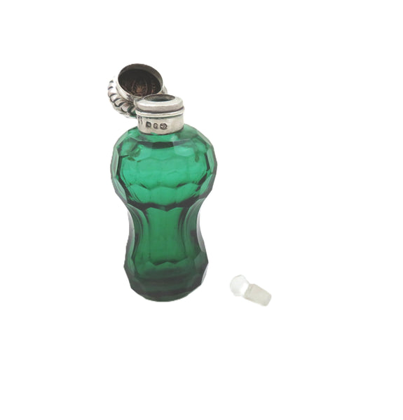 Antique Victorian Sterling Silver & Green Glass Scent / Perfume Bottle 1898