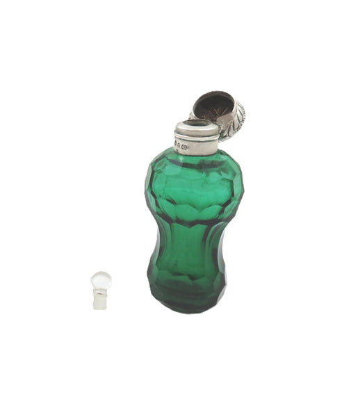 Antique Victorian Sterling Silver & Green Glass Scent / Perfume Bottle 1898