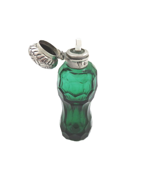 Antique Victorian Sterling Silver & Green Glass Scent / Perfume Bottle 1898