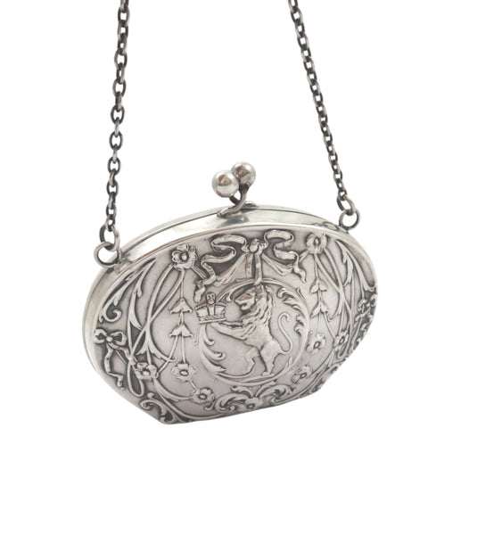 Antique Art Nouveau Sterling Silver 'Rampant Lion' Purse 1909