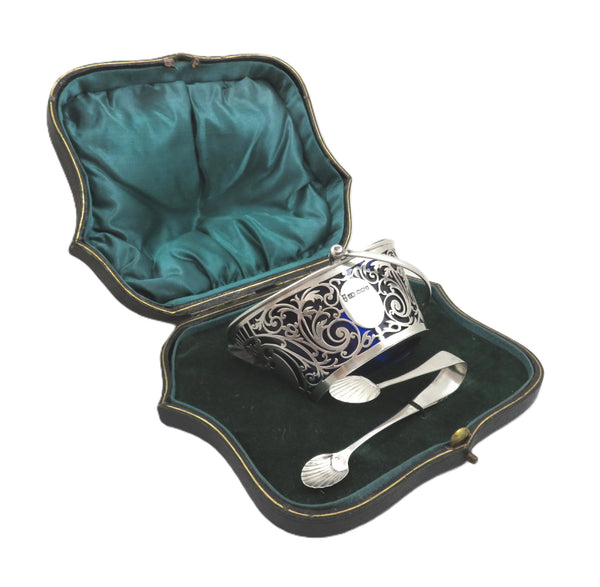 Antique Edwardian Sterling Silver Sugar Basket in Case 1907