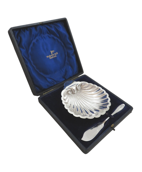 Antique Sterling Silver Shell Butter Dish & Knife in Case 1917