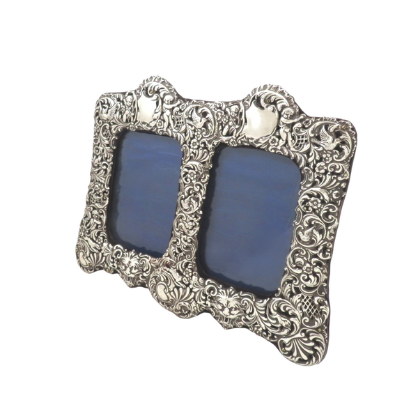Antique Victorian Sterling Silver Double Photo Frame 1899 - Animal Decoration