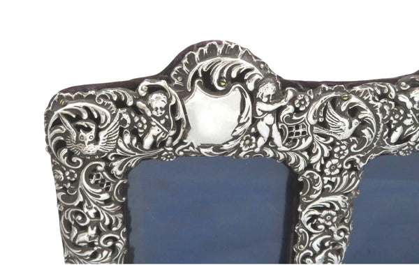 Antique Victorian Sterling Silver Double Photo Frame 1899 - Animal Decoration
