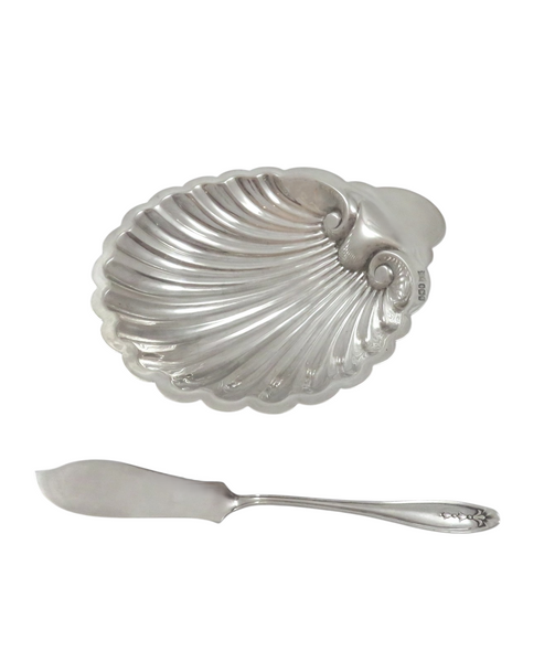Antique Sterling Silver Shell Butter Dish & Knife in Case 1917