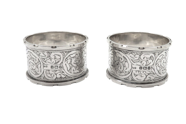 Pair of Antique Edwardian Sterling Silver Napkin Rings in Case 1907