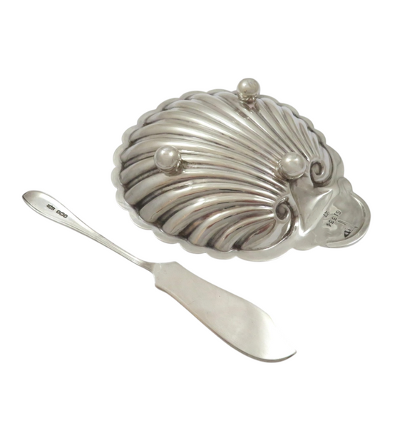 Antique Sterling Silver Shell Butter Dish & Knife in Case 1917