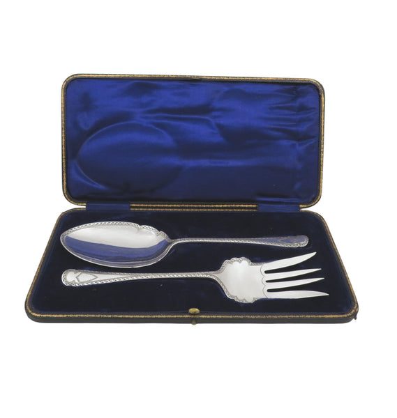 Antique Edwardian Sterling Silver Serving Spoon & Fork Set in Case 1908