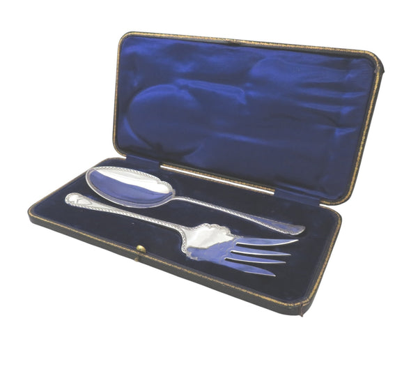 Antique Edwardian Sterling Silver Serving Spoon & Fork Set in Case 1908