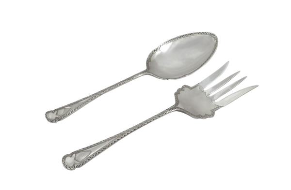 Antique Edwardian Sterling Silver Serving Spoon & Fork Set in Case 1908