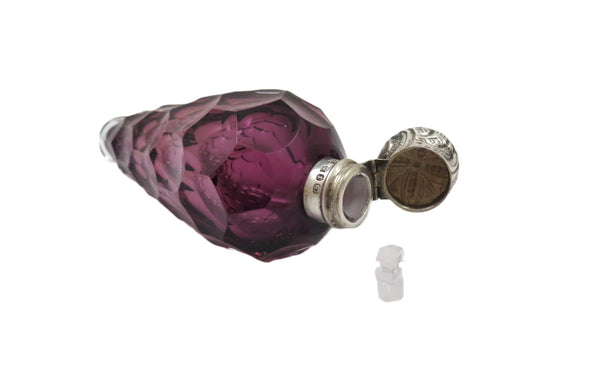 Antique Victorian Sterling Silver & Amethyst Glass Scent / Perfume Bottle 1897
