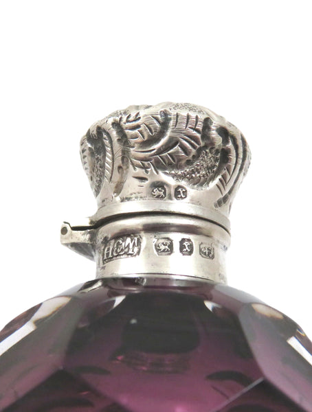 Antique Victorian Sterling Silver & Amethyst Glass Scent / Perfume Bottle 1897