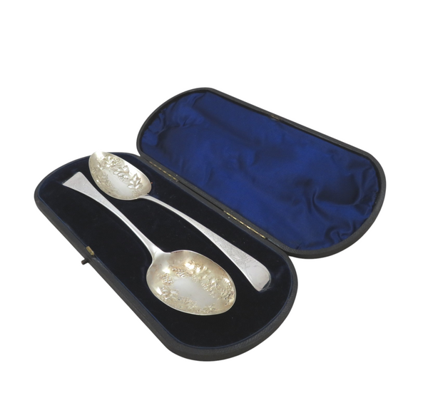 Pair of Antique Georgian Sterling Silver Berry Spoons in Case 1814