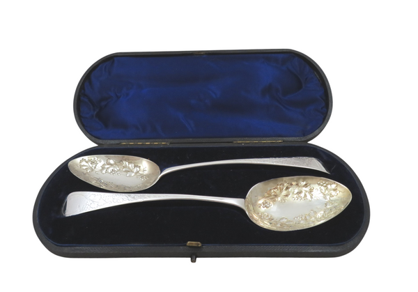 Pair of Antique Georgian Sterling Silver Berry Spoons in Case 1814