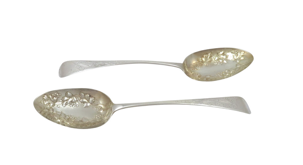Pair of Antique Georgian Sterling Silver Berry Spoons in Case 1814