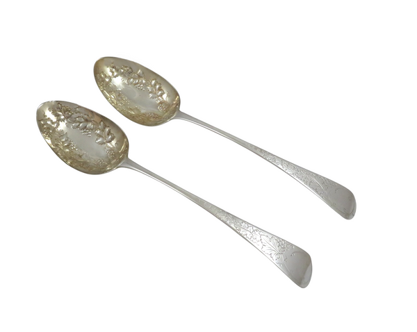 Pair of Antique Georgian Sterling Silver Berry Spoons in Case 1814
