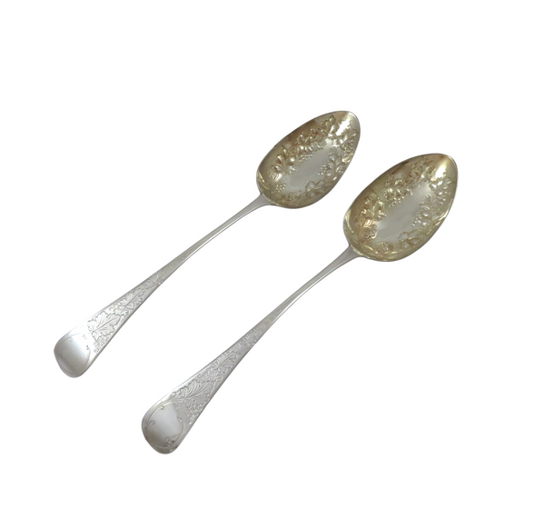 Pair of Antique Georgian Sterling Silver Berry Spoons in Case 1814