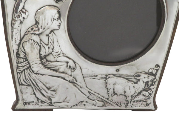 Antique Art Nouveau Sterling Silver Photo Frame 1905 - Girl with Goat