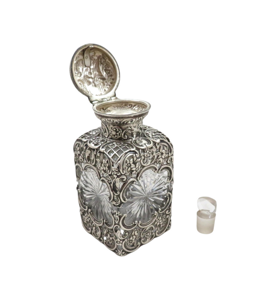 Antique Edwardian Cut Glass & Sterling Silver Scent / Perfume Bottle 1902