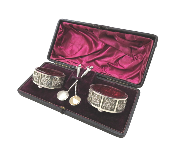 Pair of Antique Victorian Sterling Silver Salts & Spoons in Case 1888 - Hindu Deities