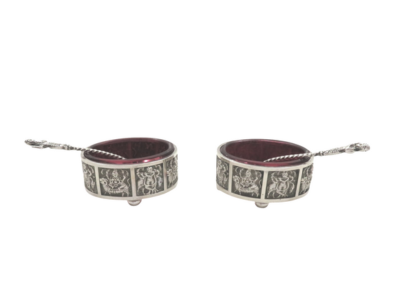 Pair of Antique Victorian Sterling Silver Salts & Spoons in Case 1888 - Hindu Deities