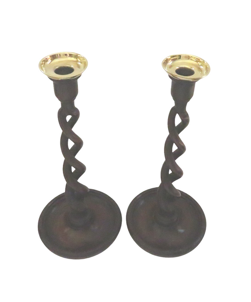 Pair of Antique Oak Open Barley Twist 12" Candlesticks c1900