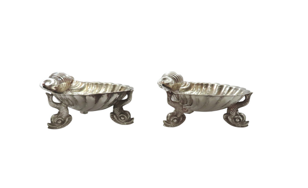 Pair of Antique Victorian Silver Shell Salts with Dolphin Feet 1875