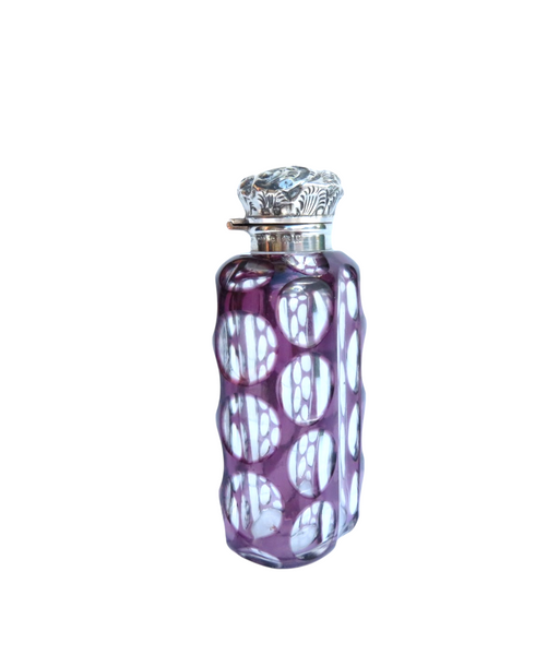 Antique Edwardian Sterling Silver & Purple Overlay Cut Glass Scent/Perfume Bottle 1902