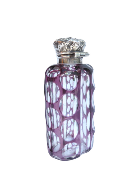Antique Edwardian Sterling Silver & Purple Overlay Cut Glass Scent/Perfume Bottle 1902
