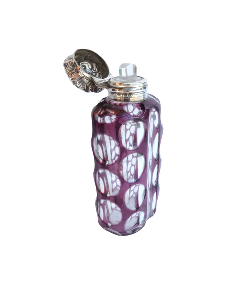 Antique Edwardian Sterling Silver & Purple Overlay Cut Glass Scent/Perfume Bottle 1902