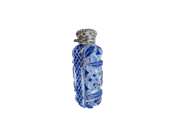 Antique Victorian Sterling Silver & Blue Overlay Cut Glass Scent / Perfume Bottle 1897