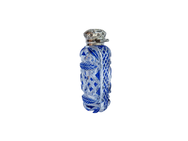 Antique Victorian Sterling Silver & Blue Overlay Cut Glass Scent / Perfume Bottle 1897